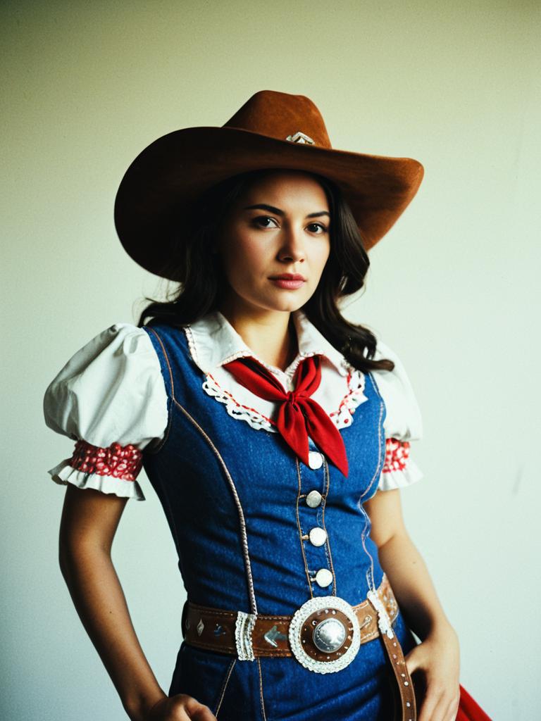 Woman in Cowgirl Fancy Dress Costume Cosplay with Cowboy Hat