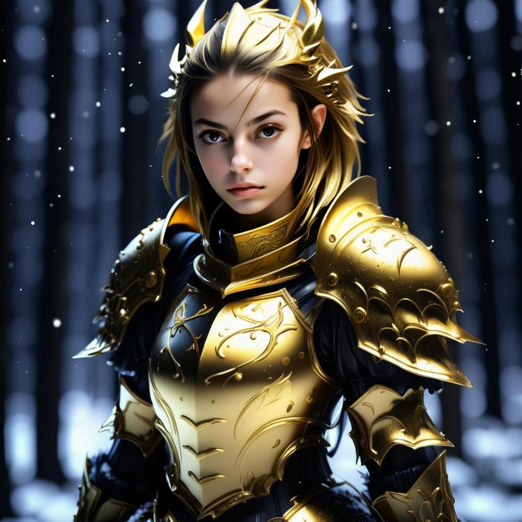 Young Woman in Golden Armor in Snowy Forest Young Woman in Golden Armor in Snowy Forest
