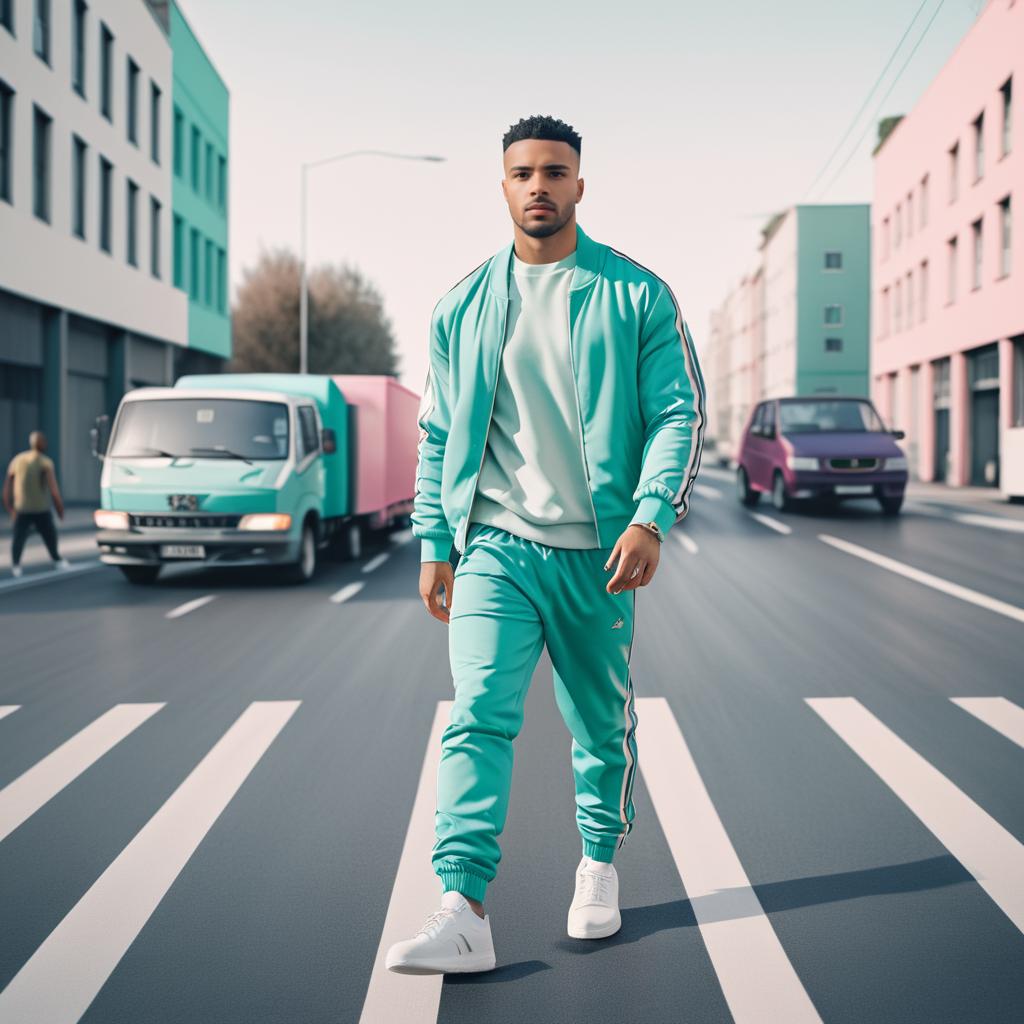 Confident Man in Turquoise Tracksuit on City Street