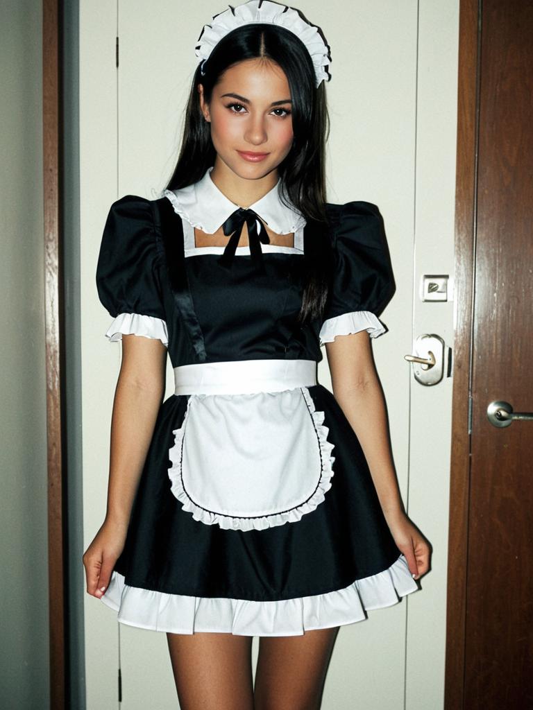 Lockable Maid Costume with White Apron and Headpiece on Woman