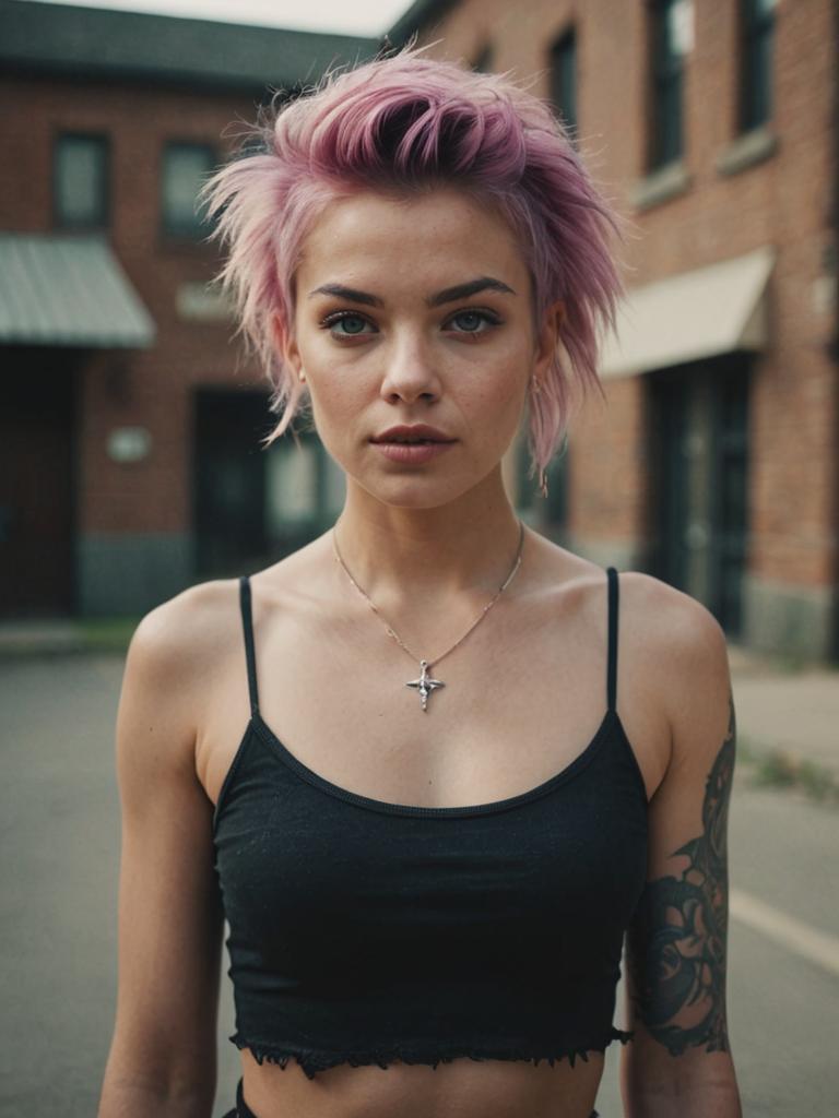 Rebel Woman with Pink Punk Hairstyle and Sleeve Tattoo