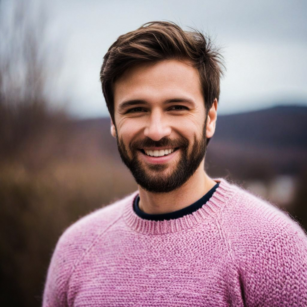 Cheerful young man in pink sweater