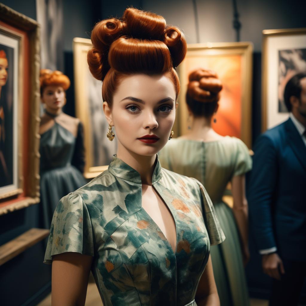 Fashionable Woman with Vintage Red Hair in Art Gallery