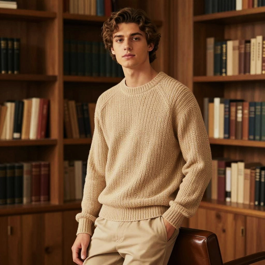 Young Man in Beige Knit Sweater in Cozy Library Setting