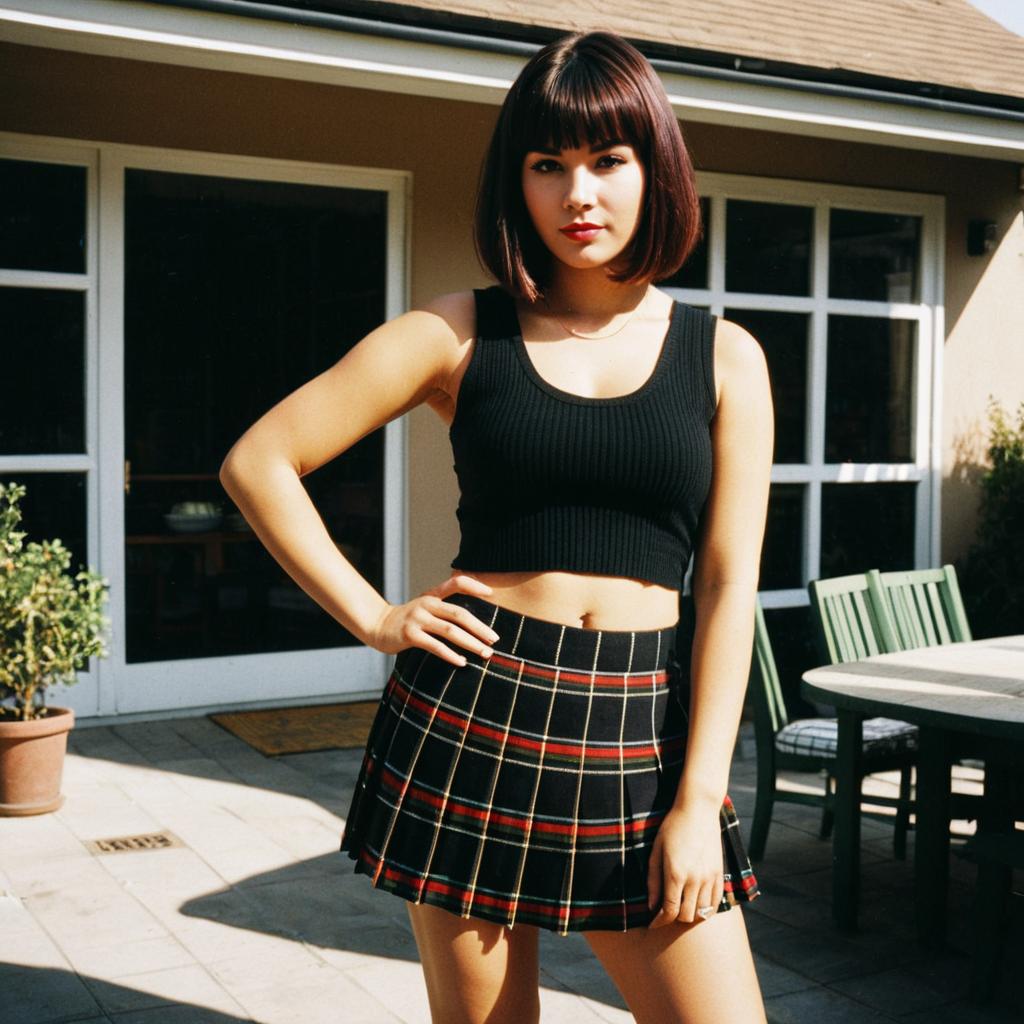 Young Woman in Black Crop Top and Plaid Skirt on Sunlit Patio