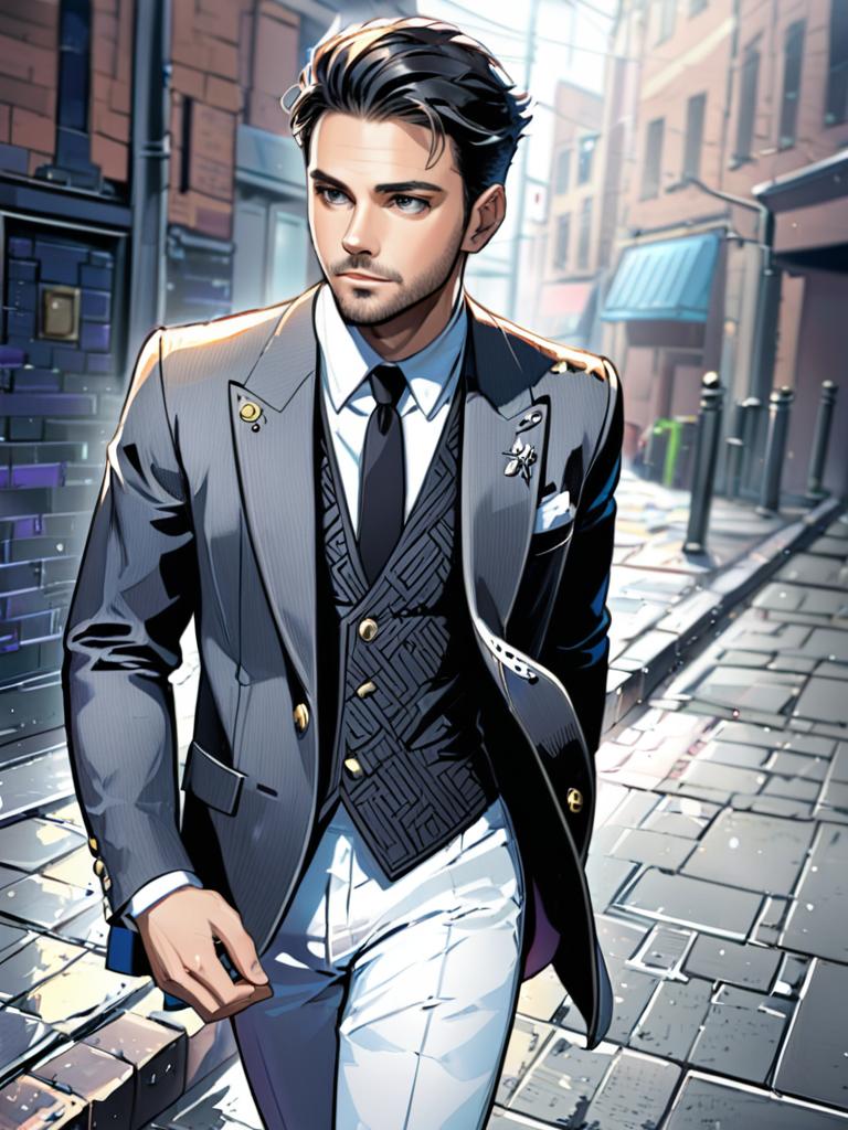 Stylish Anime Man in Smart Suit on Urban Street