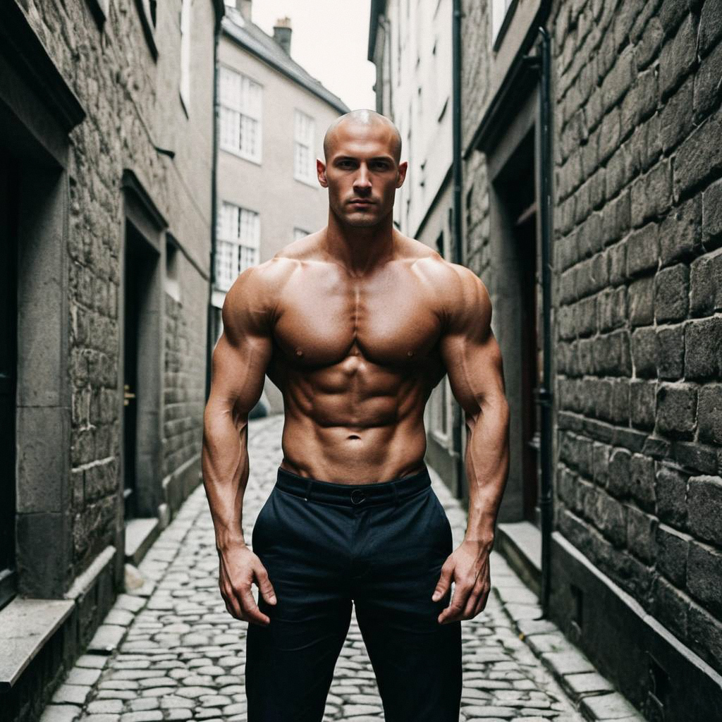 Muscular Man in Cobblestone Alley Muscular Man in Cobblestone Alley