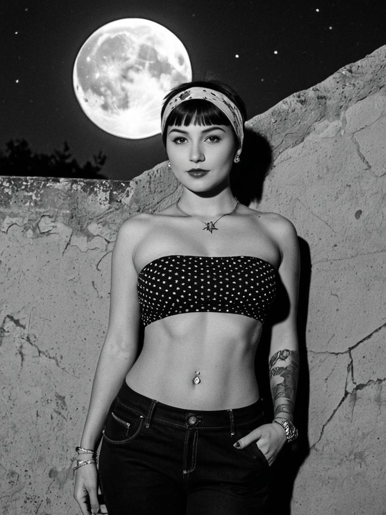 Black and White Portrait of Woman with Full Moon Background