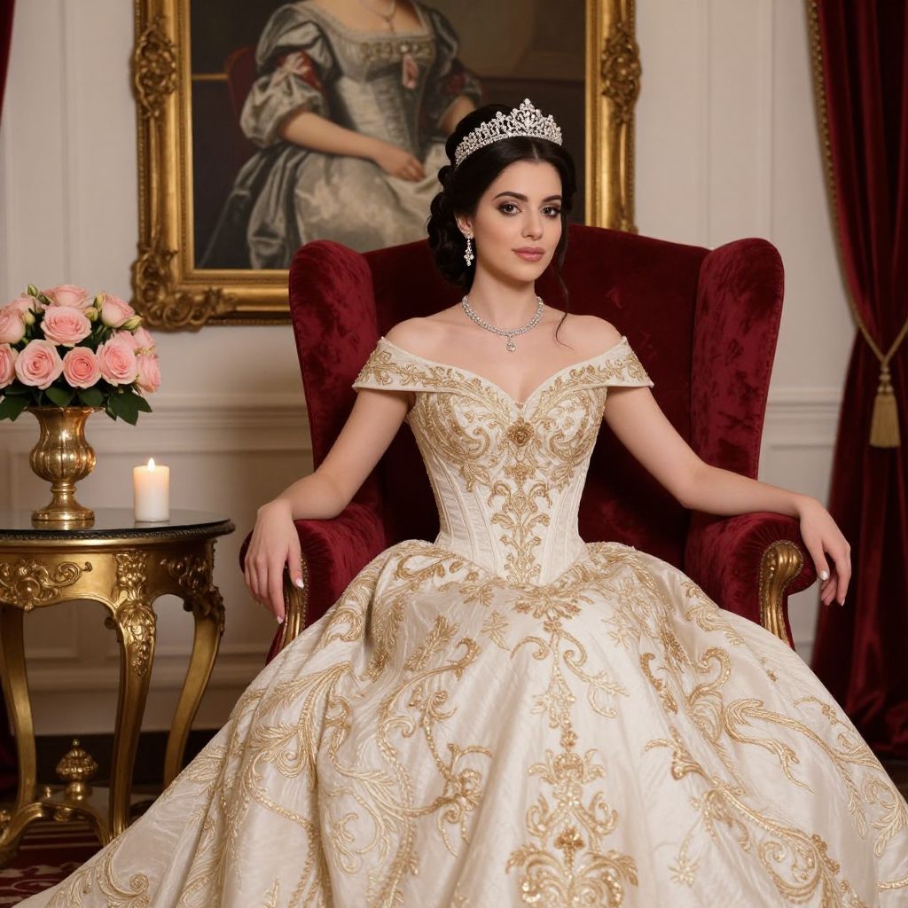 Elegant Woman in Ornate Gold Embroidered Princess Gown Seated on Red Velvet Chair