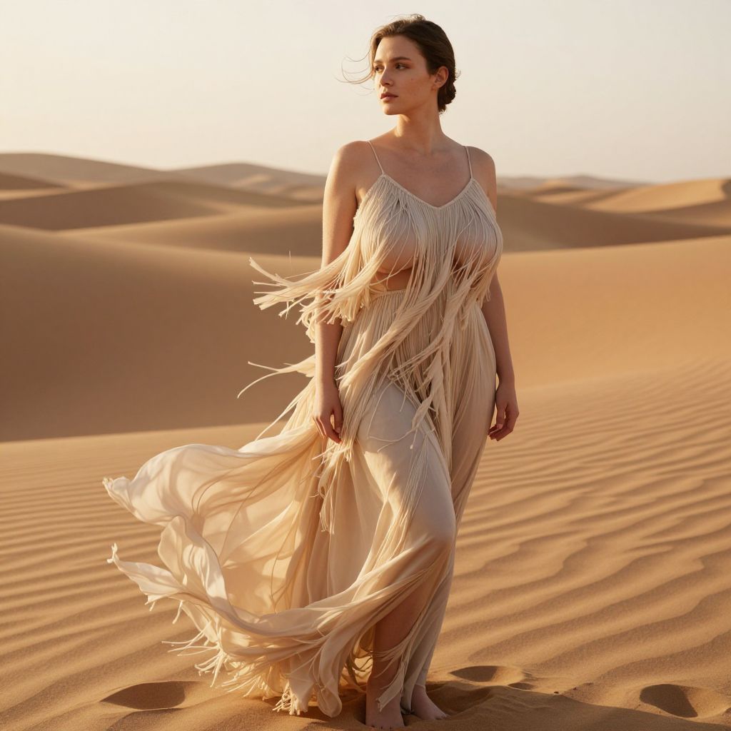 Woman in Flowing Beige Dress Walking in Desert Sand Dunes
