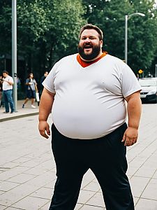 Man in Fat Guy Costume Outdoor Humorous Cosplay Portrait in Daylight