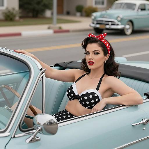 Retro 1950s Pin-Up Style Woman in Polka Dot Bikini in Vintage Convertible