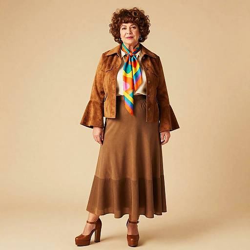 Vintage Inspired Woman in Brown Suede Outfit with Colorful Scarf
