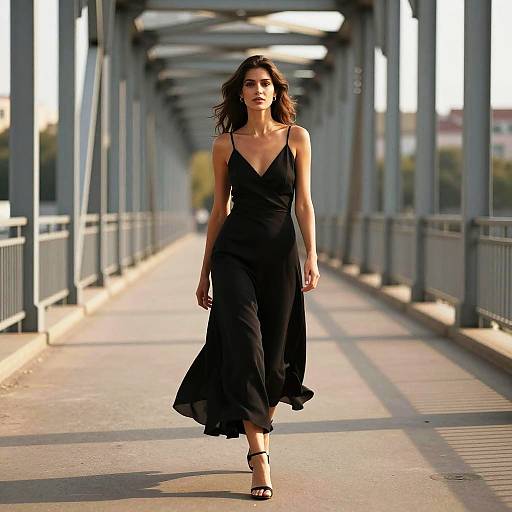 Elegant Woman in Black Dress Walking on Modern Bridge