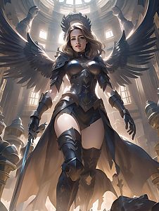 Powerful Woman Warrior in Black Armor with Angelic Wings