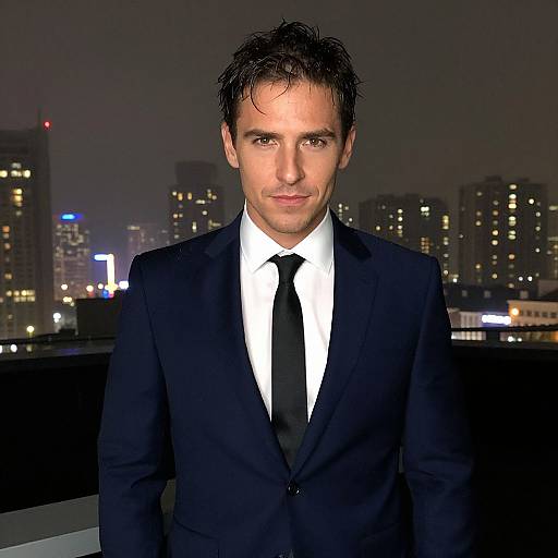 Confident Man in Navy Suit Against Night City Skyline