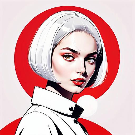 Stylish Digital Portrait of Woman with White Bob Hair and Red Background