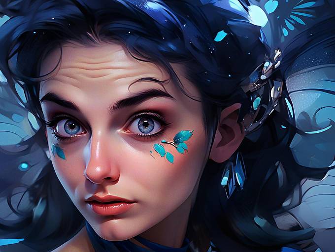 Fantasy Digital Portrait of Woman with Blue Floral Accents and Expressive Eyes