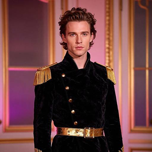 Man in Elegant Black Velvet Military-Style Jacket with Gold Accents