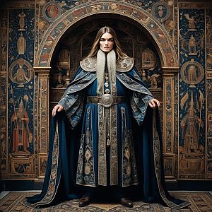 Regal Woman in Blue and Gold Medieval Robe