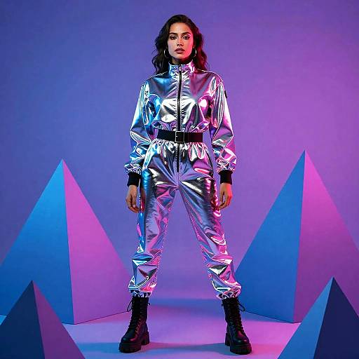 Futuristic Metallic Jumpsuit Fashion with Neon Pyramid Background