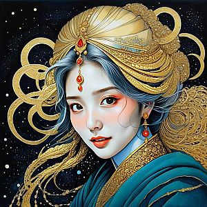 Ethereal Woman with Golden Headdress and Jewelry