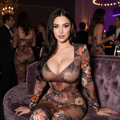 Elegant Woman in Floral Outfit Sitting on Velvet Sofa in Lounge