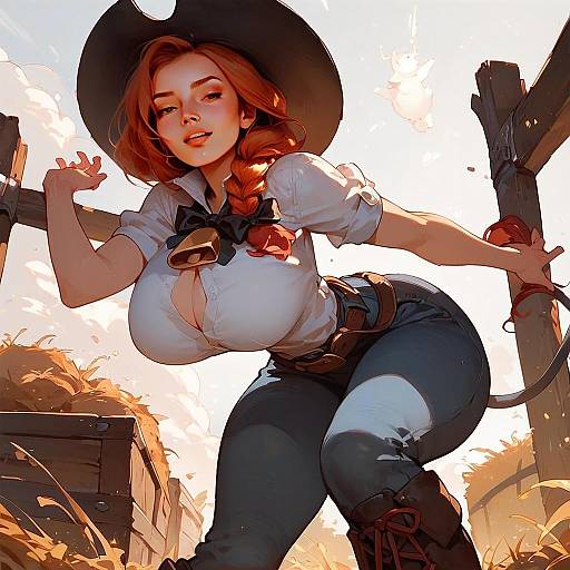 Dynamic Western Style Anime Woman with Red Braid and Cowboy Hat Illustration