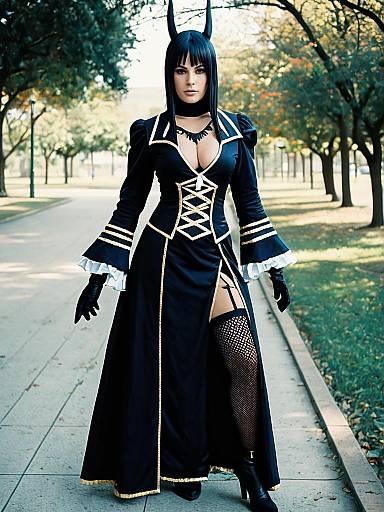 Sexy Woman in Nigredo Cosplay Costume with Horns and Fishnet Stockings