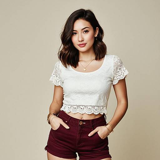 Young Woman Wearing White Lace Crop Top and Maroon Shorts Casual Summer Outfit