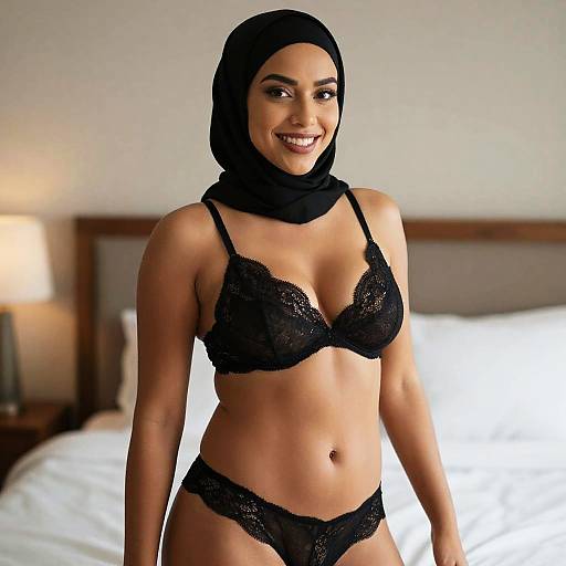 Young Woman in Black Hijab and Lace Lingerie Smiling in Bedroom