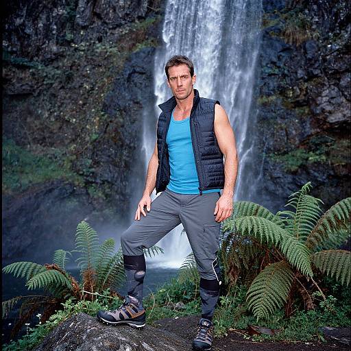 Outdoor Man Hiking by Waterfall in Nature Scenery