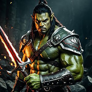 Muscular Green Warrior with Fiery Sword