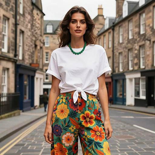 Bohemian Woman Wearing Relaxed White T-Shirt with Floral Pants on Street