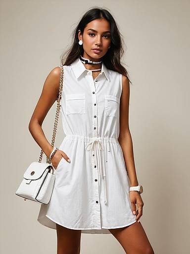 Woman in Casual Chic White Sleeveless Shirt Dress with Button Down