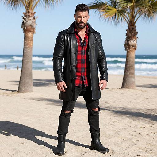 Stylish Man in Black Leather Coat and Plaid Shirt on Beach with Palm Trees