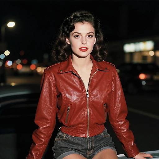 Vintage Style Young Woman in Red Leather Jacket at Night