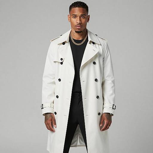 Young Man Wearing White Trench Coat with Gold Chain in Modern Fashion Portrait