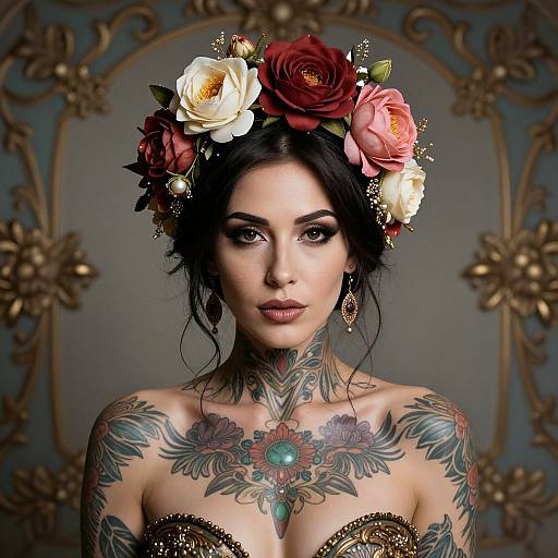 Elegant Woman with Floral Crown and Intricate Chest Tattoos in Baroque Setting