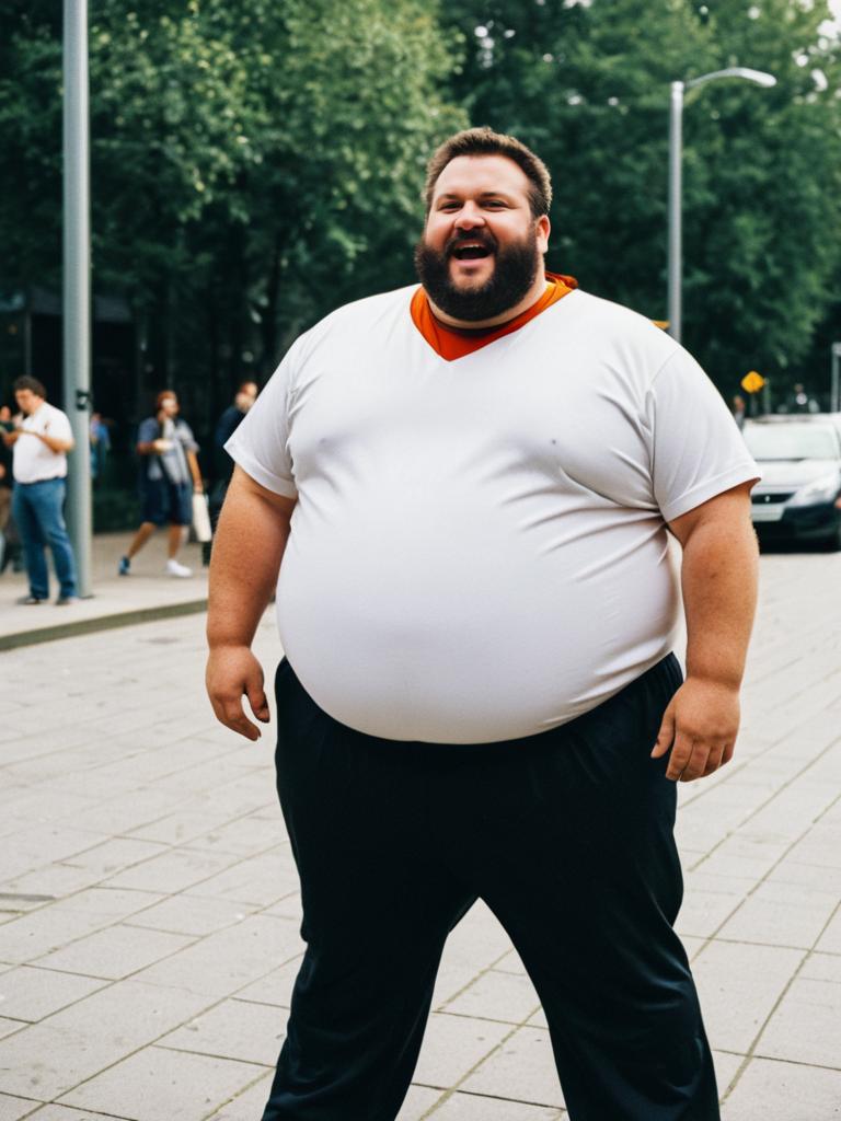 Man in Fat Guy Costume Outdoor Humorous Cosplay Portrait in Daylight