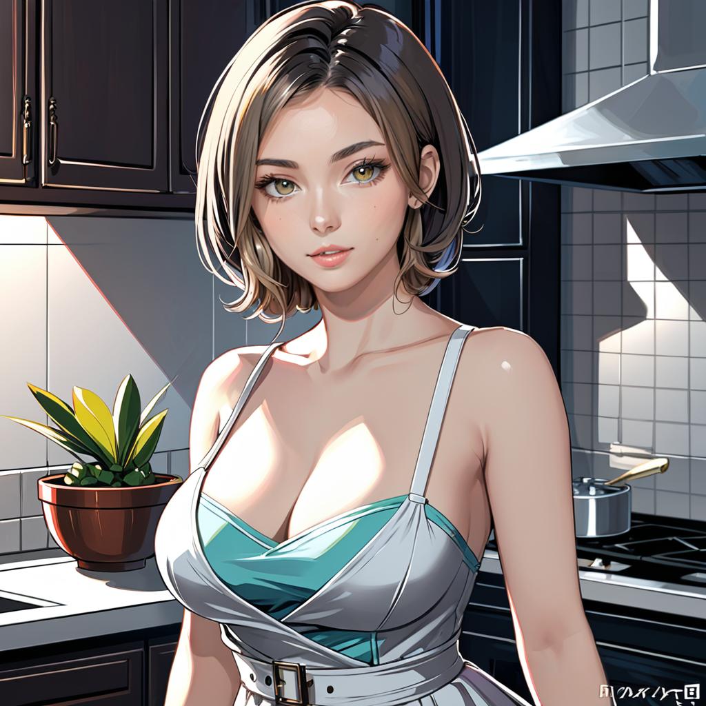 Anime-style young woman in modern kitchen