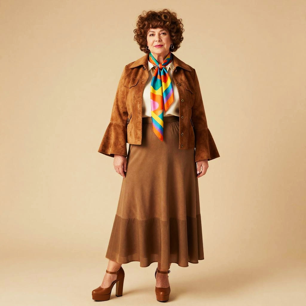 Vintage Inspired Woman in Brown Suede Outfit with Colorful Scarf