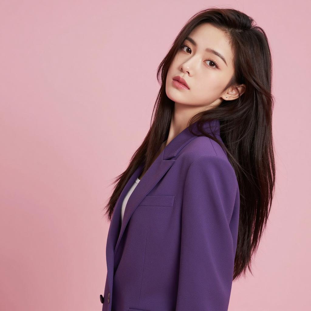 Young Woman in Purple Blazer Against Pink Background