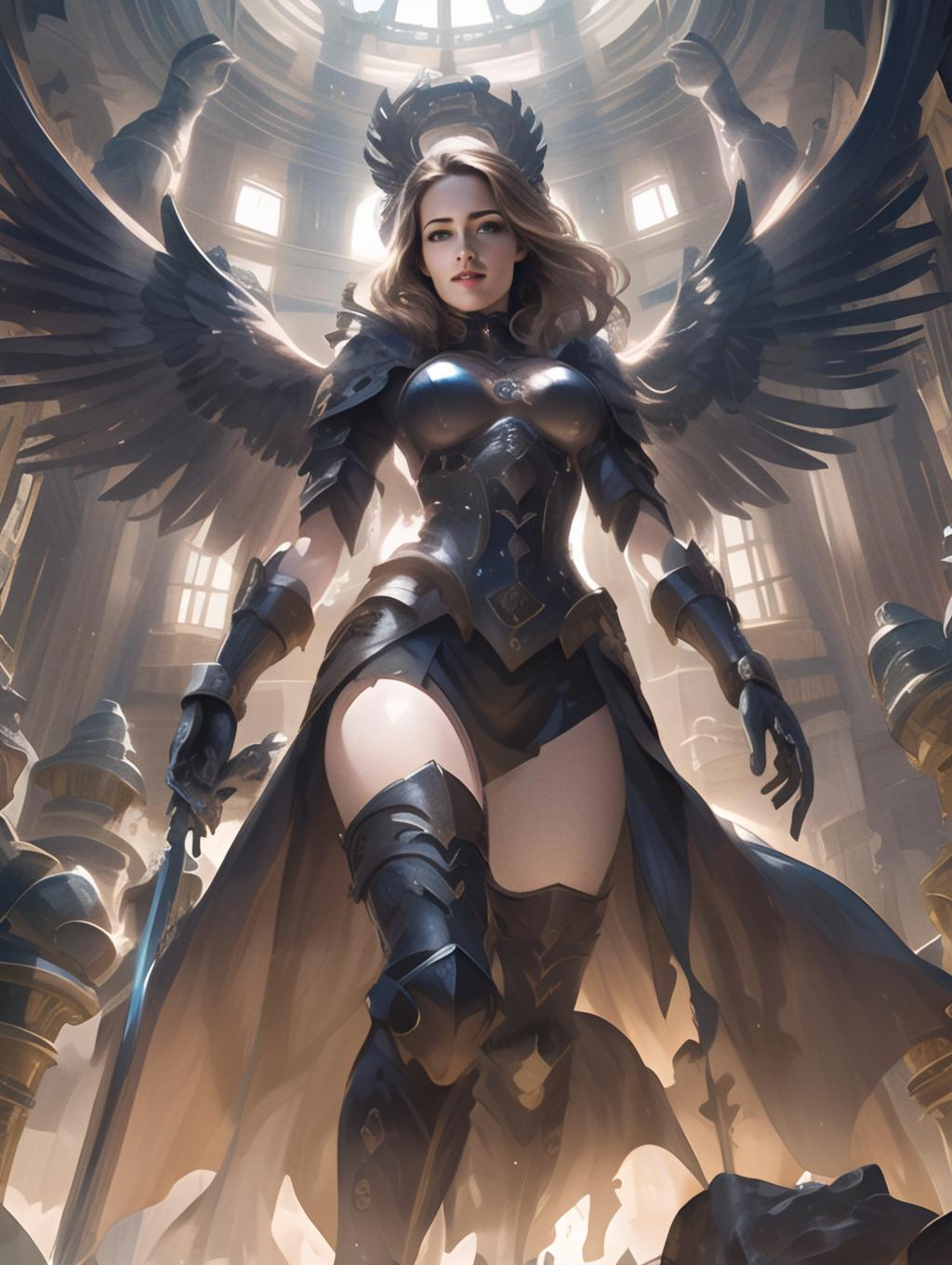 Powerful Woman Warrior in Black Armor with Angelic Wings Powerful Woman Warrior in Black Armor with Angelic Wings