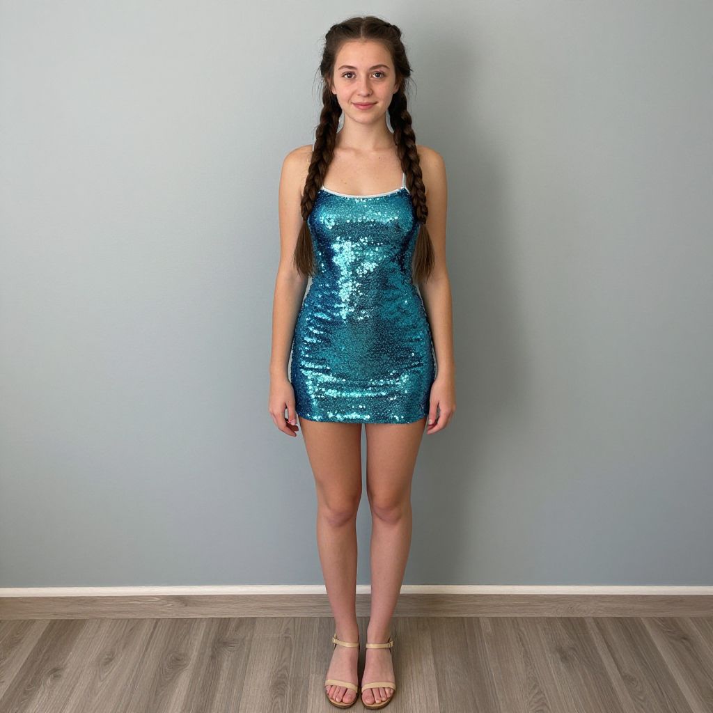 Young Woman Wearing Blue Sequined Mini Dress Standing Indoor