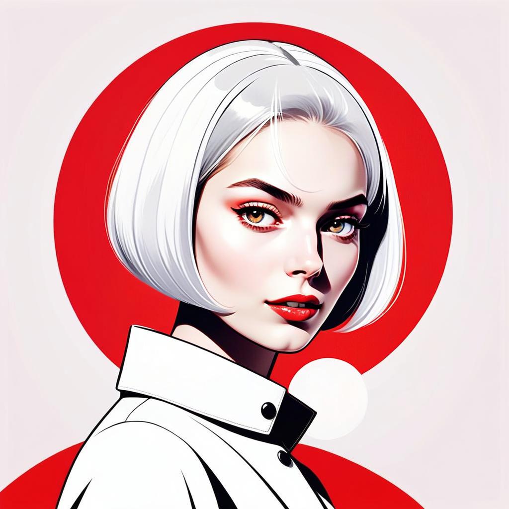 Stylish Digital Portrait of Woman with White Bob Hair and Red Background