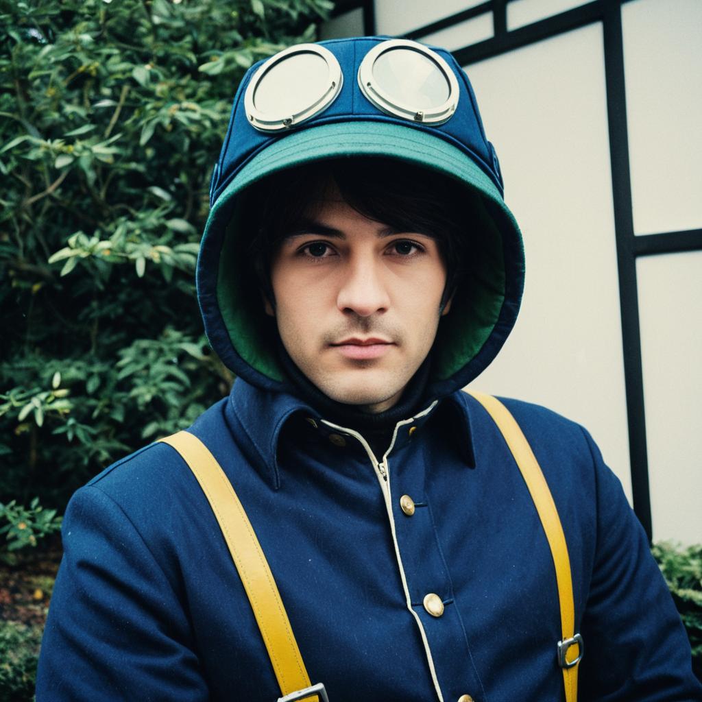 Man Wearing Navy Blue Coat with Yellow Suspenders and Goggled Hood Outdoor