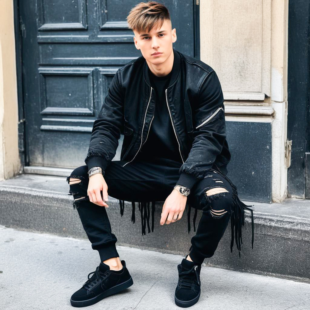 Young man in streetwear outfit on city sidewalk