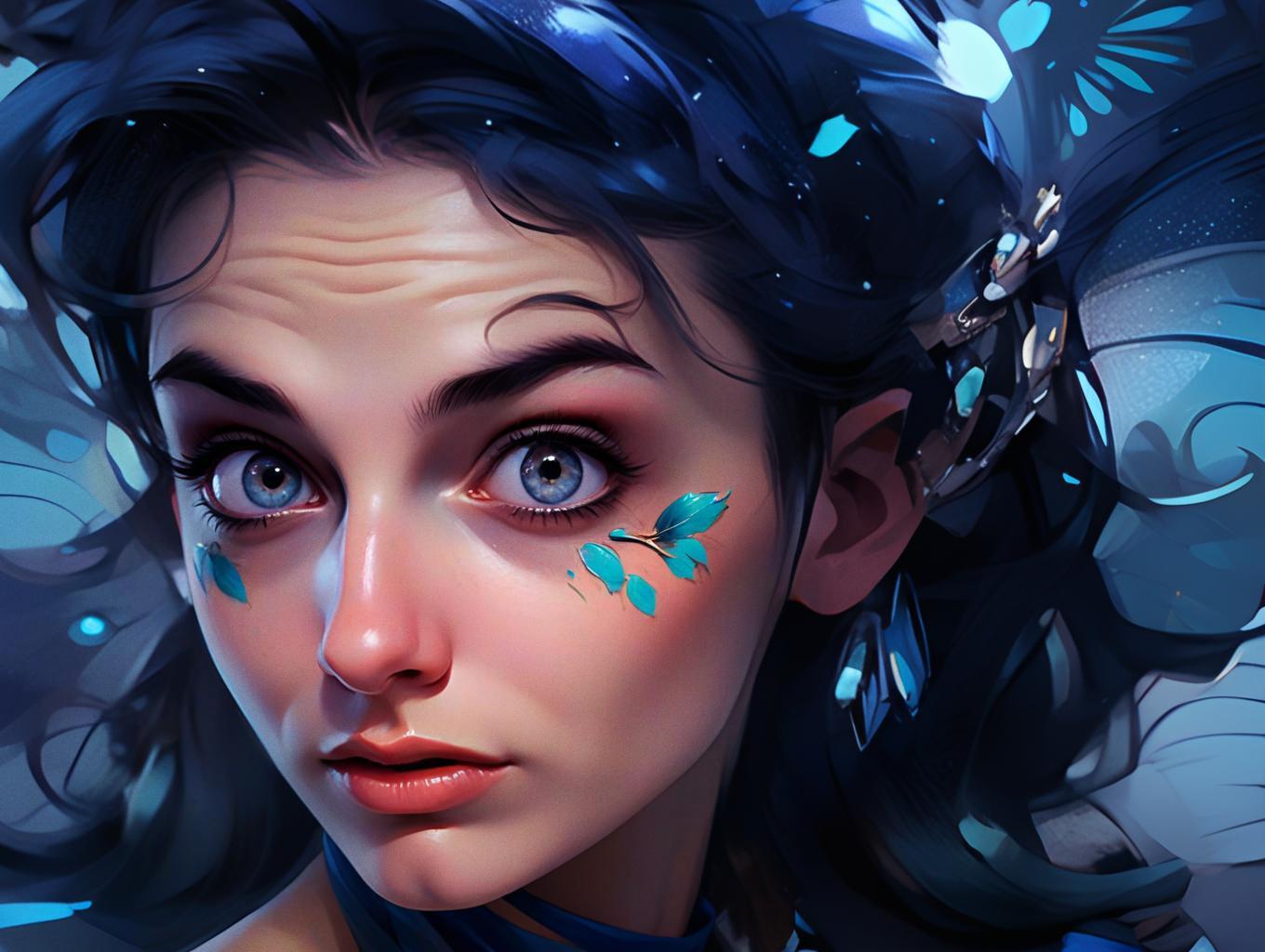 Fantasy Digital Portrait of Woman with Blue Floral Accents and Expressive Eyes