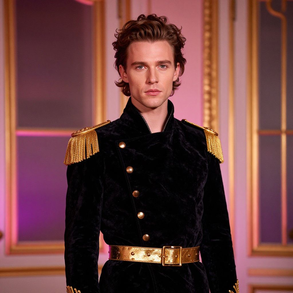 Man in Elegant Black Velvet Military-Style Jacket with Gold Accents